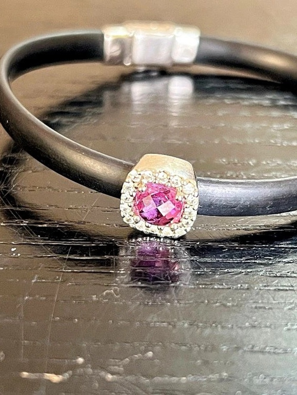 Belle Etoile Italian rubber Bracelet sterling Silver charm with pink/clear stone